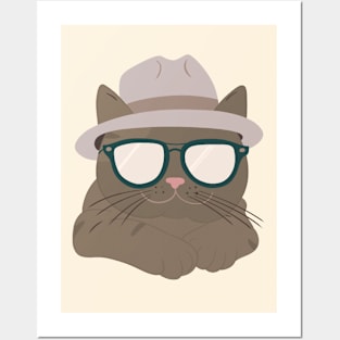 Chic Tabby: Minimalist Cat Art with Grey Hat & Sunglasses Posters and Art